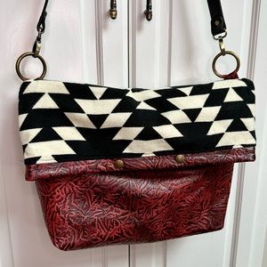Southwestern Print Embossed Leather Fold Over Bag Red Black & White